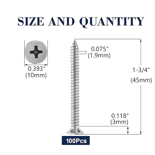 #12 x 1-3/4" Wood Screw 100Pcs 18-8 Stainless Steel Screws Flat Head Phillips - Image 2