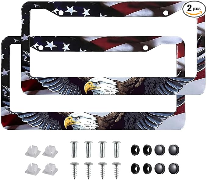 2Pack Universal Flag and Eagle License Plate Frame -Rustproof Aluminum Matte by Unknown