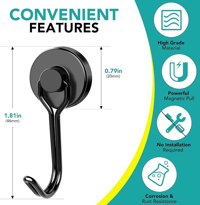 DIYMAG Black Magnetic Hooks, 80LBS Strong Magnetics Heavy Duty, Magnet Hook - Image 2