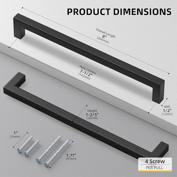 Goldenwarm 10 Pack Black Square Bar Cabinet Pull Drawer Handle Stainless Steel - Image 2