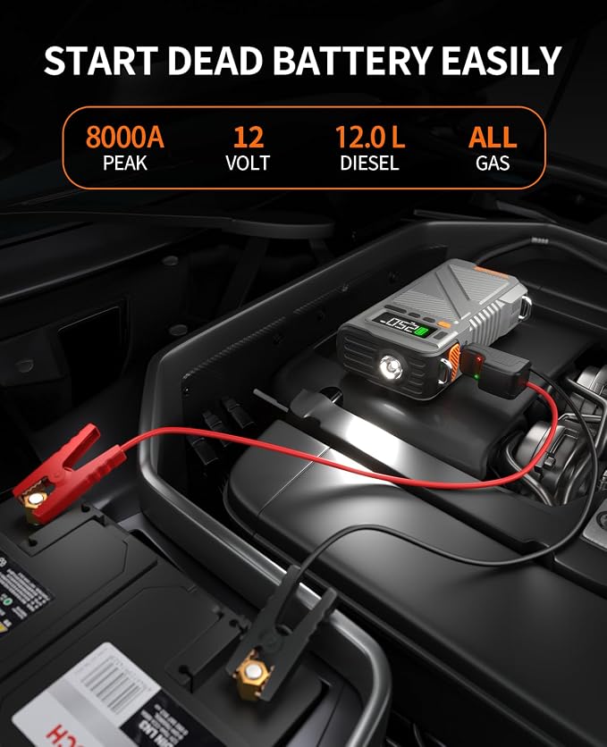 Portable Car Jump Starter with Air Compressor, 8000A Jump Box Combo 150PSI Tire - Image 2