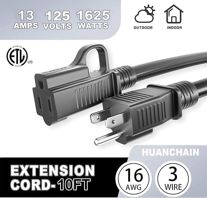HUANCHAIN 10 ft Indoor Outdoor Black Extension Cord Waterproof, 16/3 Gauge - Image 7