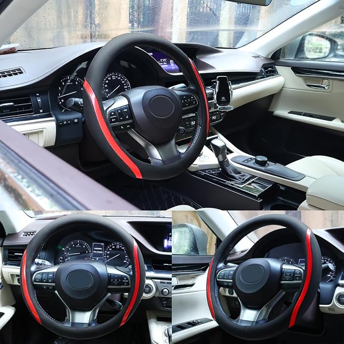 Steering Wheel Cover Black Red, Carbon Fiber Car Steering Wheel Covers - Image 2