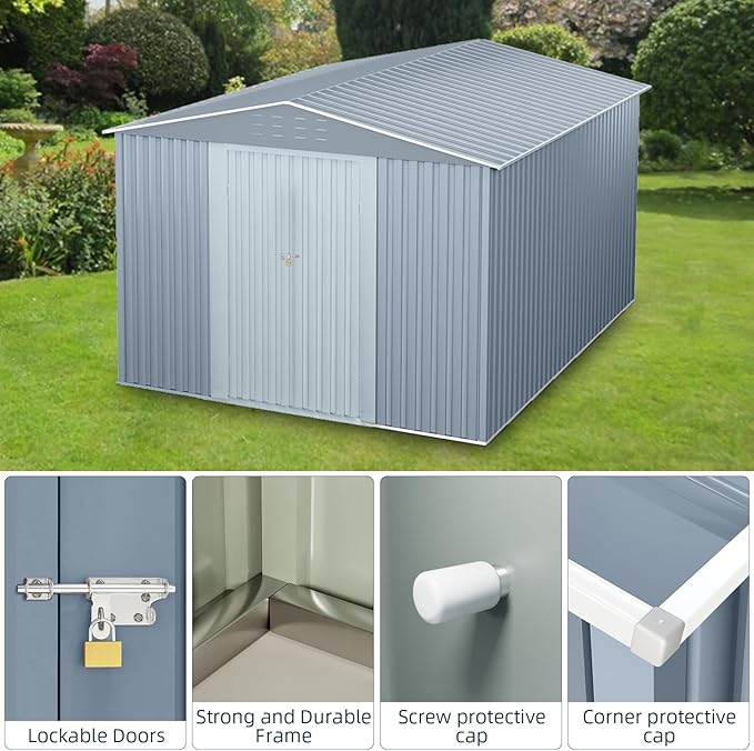 10x10FT Outdoor Metal Storage Shed, Lockable Weatherproof Garden Shed - Image 5