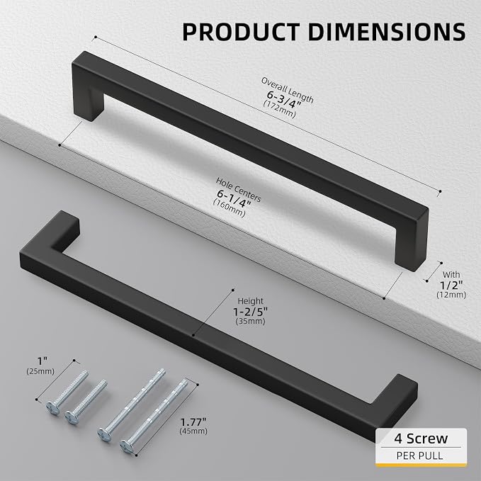 Goldenwarm 10 Pack Black Square Bar Cabinet Pull Drawer Handle Stainless Steel - Image 2