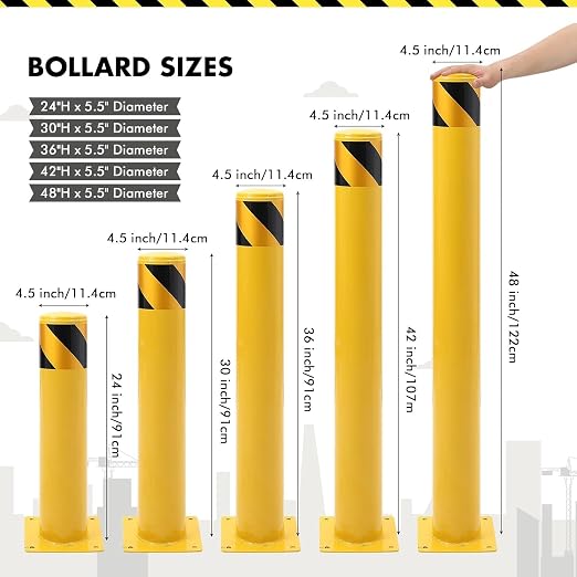 8 Pack Safety Bollard Post, 48 Inch Height 4.5 Inch Diameter Yellow Pipe Safety - Image 3