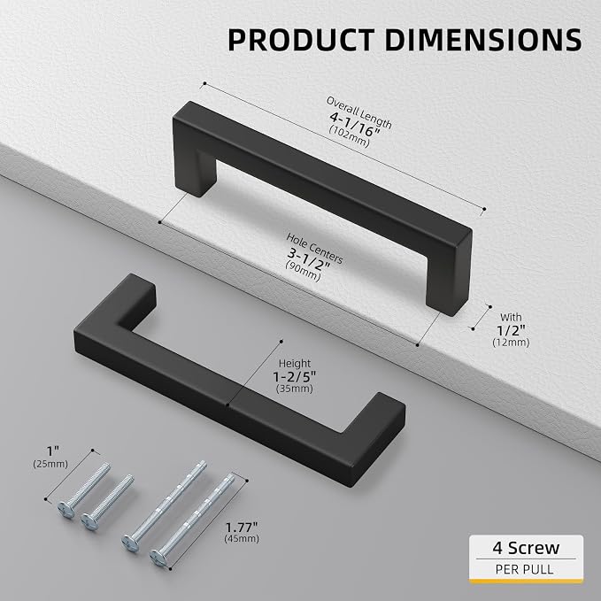 Goldenwarm 1 Pack Black Square Bar Cabinet Pull Drawer Handle Stainless Steel - Image 2