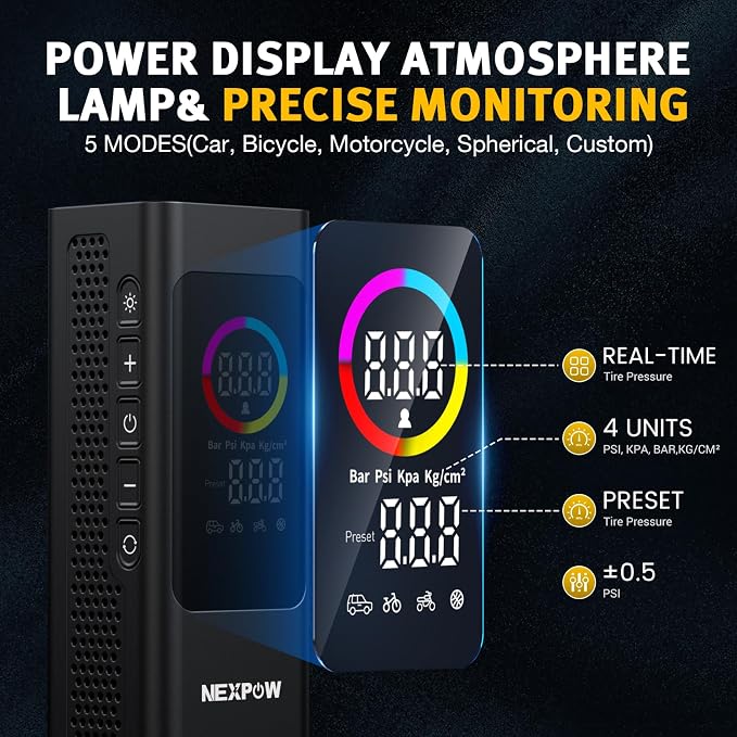 NEXPOW 150 PSI Tire Inflator Portable Air Compressor, 12000mAh Battery Auto - Image 3