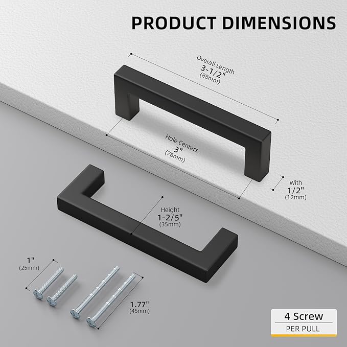 goldenwarm 35 Pack 3 INCH Black Square Bar Cabinet Pull Drawer Handle Stainless - Image 2