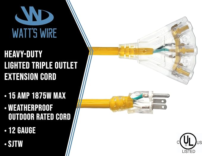 25 ft - 12 Gauge Heavy Duty Extension Cord - 3 Outlet Lighted SJTW - - Image 2