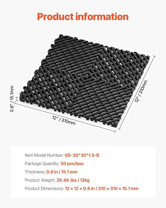 VEVOR Interlocking Drainage Mat, 12” x 12” Modular Interlocking Cushion - Image 8